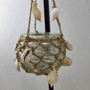 Nantucket Home Set of 3 Hanging Glass Votive Holders Jute Net Seashell Coastal